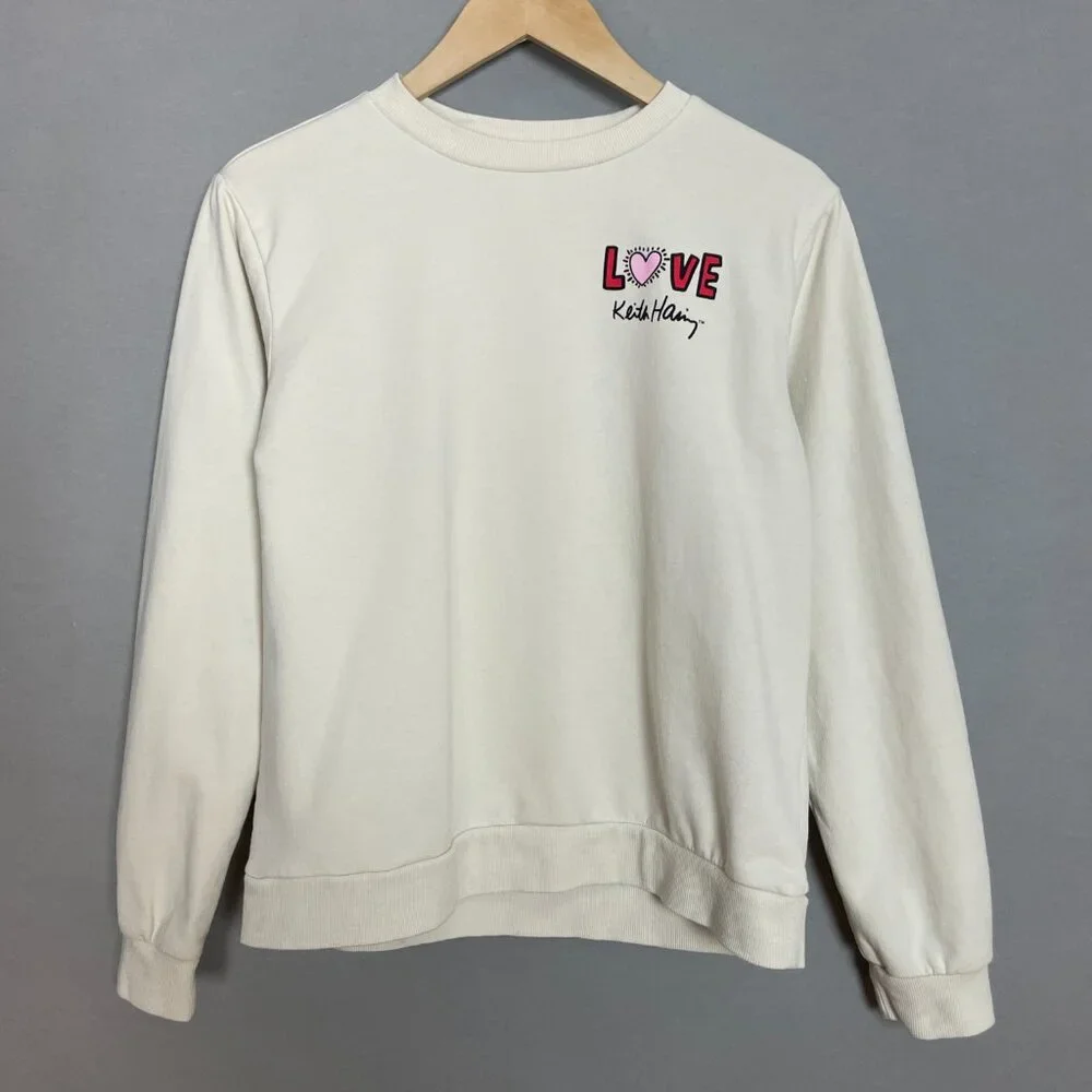 Keith Haring Top Sweatshirt Love Women Size Small Off-White Long Sleeve Fleece - Picture 2 of 11
